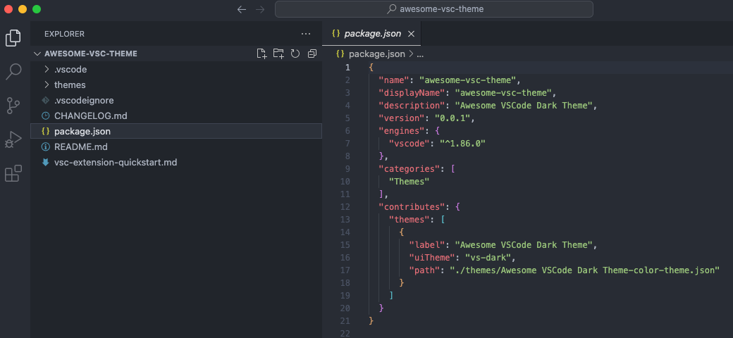 package.json with all the theme details